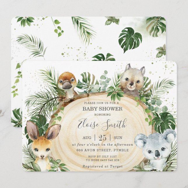 Chic Australian Animals Wood Greenery Baby Shower  Inbjudningar (Fram/baksida)