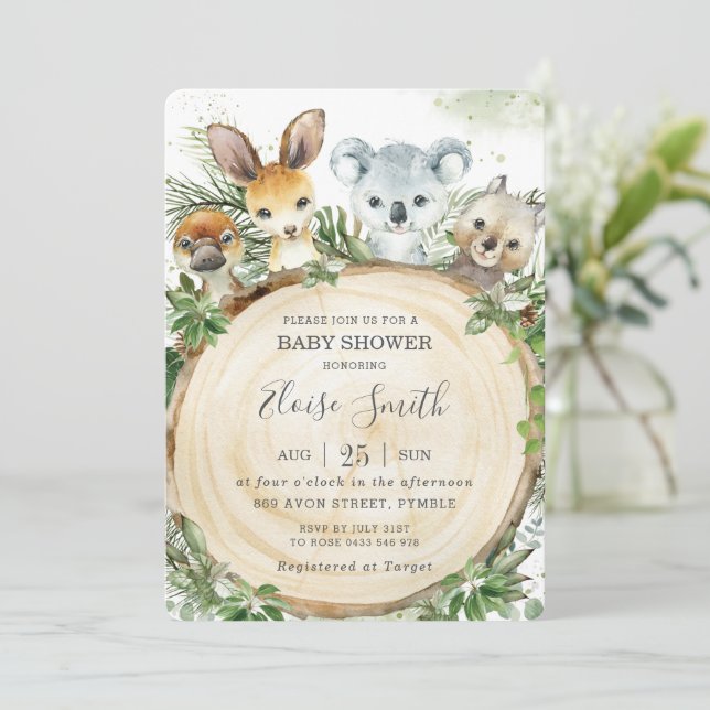 Chic Australian Animals Wood Greenery Baby Shower  Inbjudningar (Stående Fram)