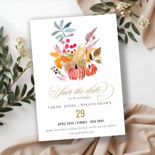 Chic Autumn Harvest Pumpkin Watercolor Bröllop Spara Datumet