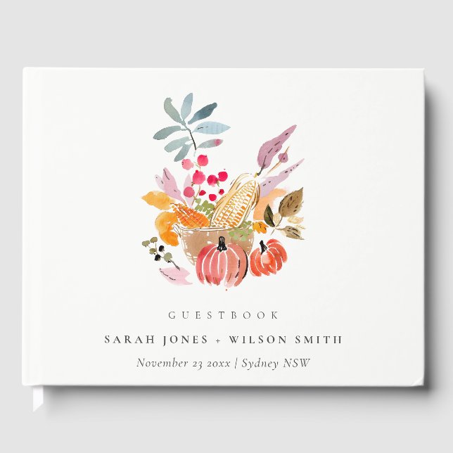 Chic Autumn Harvest Pumpkin Watercolor Wedding Gästböcker (Framsida)