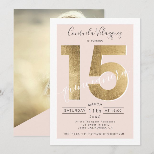 chic av guld-folie,  quinceanera-foto inbjudningar (Fram/baksida)