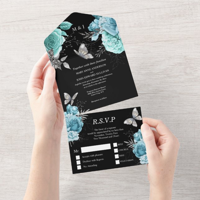 Chic av havssvart silver glam butterfly ro blommig (Avrivbar del)