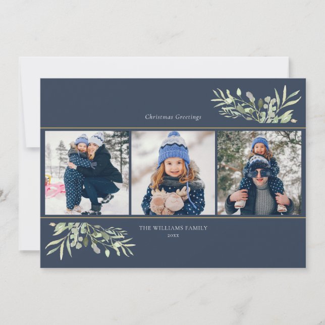 Chic av julgrå Blommigt Modern 3-foto Julkort (Framsida)