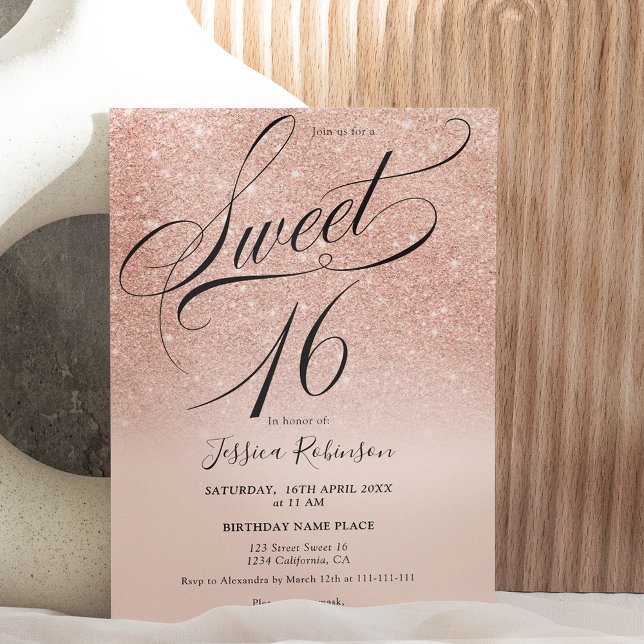 chic av ro glitter guld, rosa Sweet 16 Inbjudningar (Skapare uppladdad)