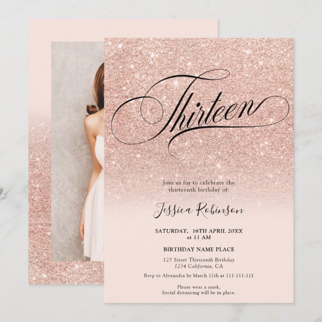 chic av ro glitter guld rosa tretton inbjudningar (Fram/baksida)