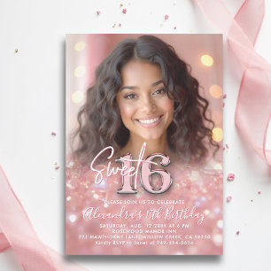 Chic av sparsam Rosa Elegant Photo Sweet 16 Inbjudningar