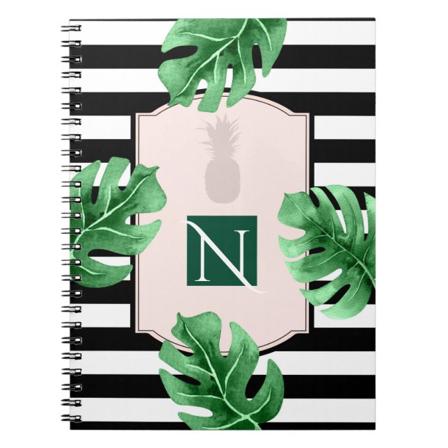 Chic av tropisk Löv och ananas Elegant  Monogram Anteckningsbok (Framsidan)