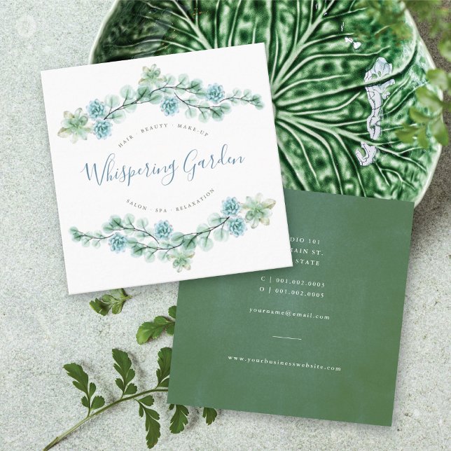 Chic av vattenfärg Succult Blommigt Botanical Gard Fyrkantigt Visitkort (Watercolor Succulent Floral Chic Botanical Garden Square Business Card @ fatfatin_blue_knot)