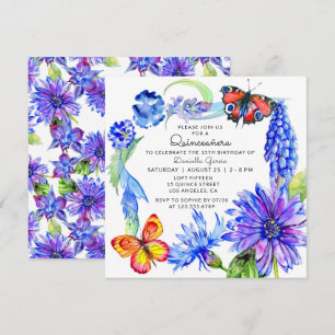 Chic av vattenfärgen Butterfly Blue Blommigt Quinc Inbjudningar