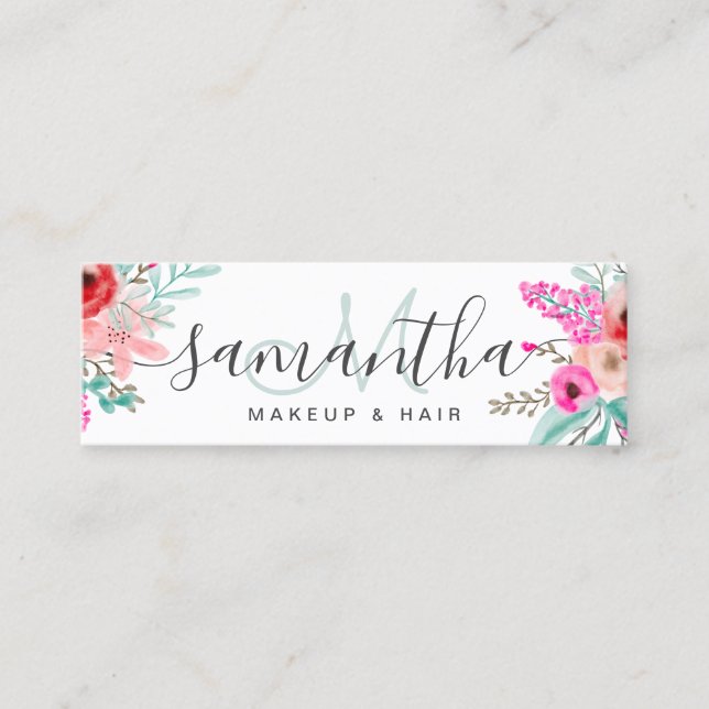 chic av vattenfärgsbouquet i Monogram Mint rosa bl Mini Visitkort (Framsida)