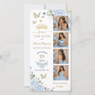 Chic Baby Blue Blommig Guld Fotoautomat Quinceaner Spara Datumet