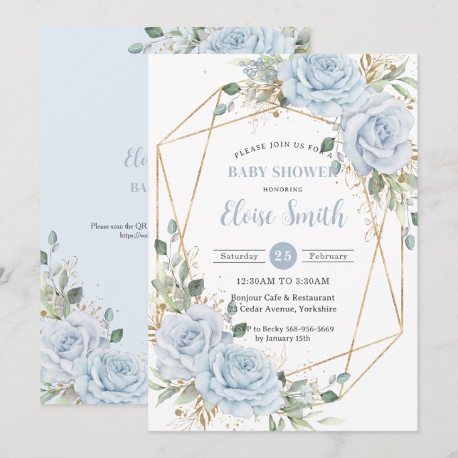 Chic Baby blue Blommigt Baby Shower QR-kod Inbjudningar (Fram/baksida)