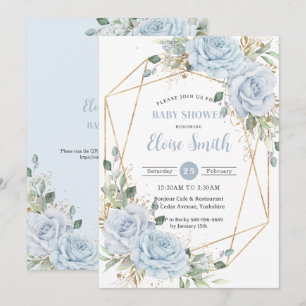 Chic Baby blue Blommigt Baby Shower QR-kod Inbjudningar
