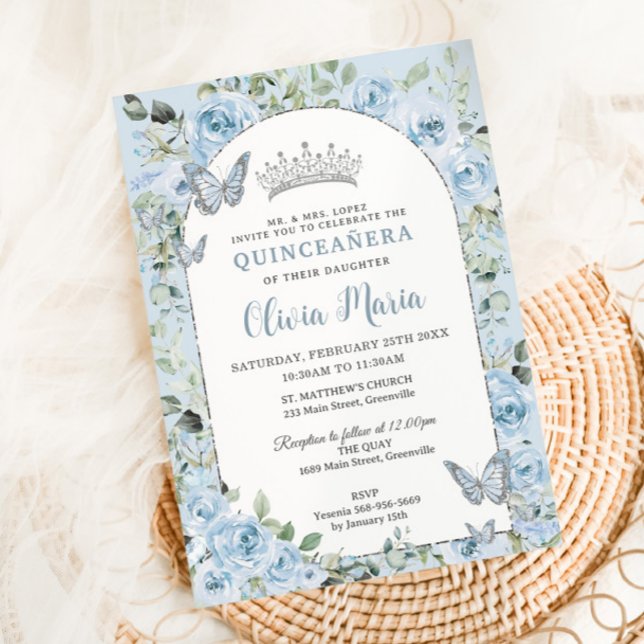 Chic Baby blue Blommigt Butterflies Arch Quinceañe Inbjudningar (Skapare uppladdad)