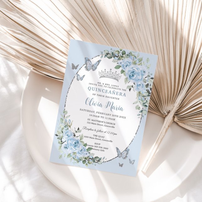 Chic Baby blue Blommigt Butterflies Quinceañera Inbjudningar (Skapare uppladdad)