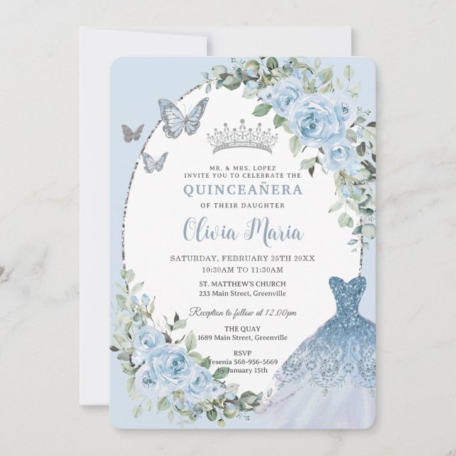 Chic Baby blue Blommigt Dress Silver Quinceañera Inbjudningar (Framsida)