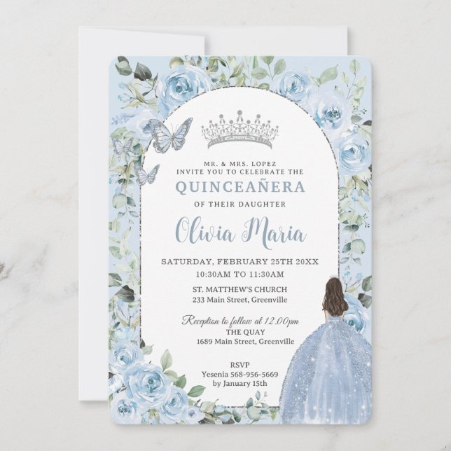 Chic Baby blue Blommigt Princess Arch Quinceañera Inbjudningar (Framsida)