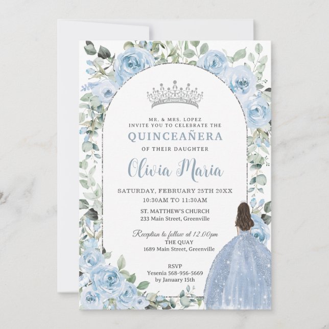 Chic Baby blue Blommigt Princess Quinceañera Silve Inbjudningar (Framsida)