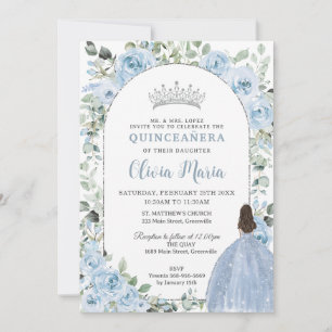 Chic Baby blue Blommigt Princess Quinceañera Silve Inbjudningar