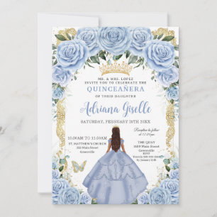 Chic Baby blue Flowers Brown Princess Quinceañera Inbjudningar