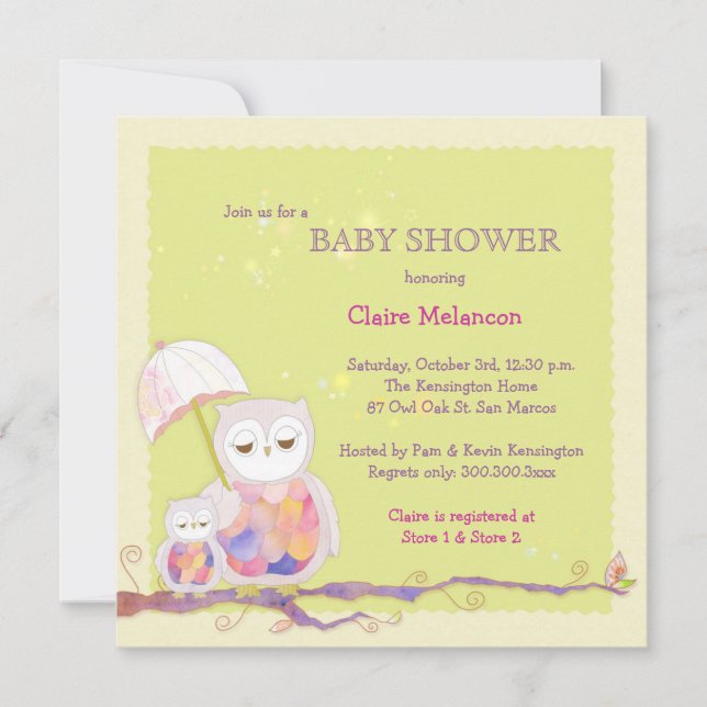 Chic Baby Grönt Uggla Baby Shower Inbjudningar (Framsida)