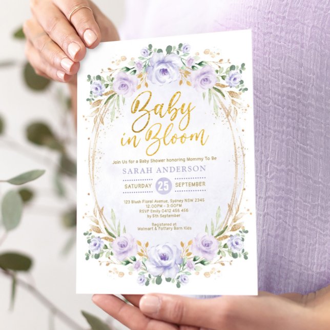 Chic Baby i Bloom Lila Guld Blommigt Girl Shower Inbjudningar (Skapare uppladdad)