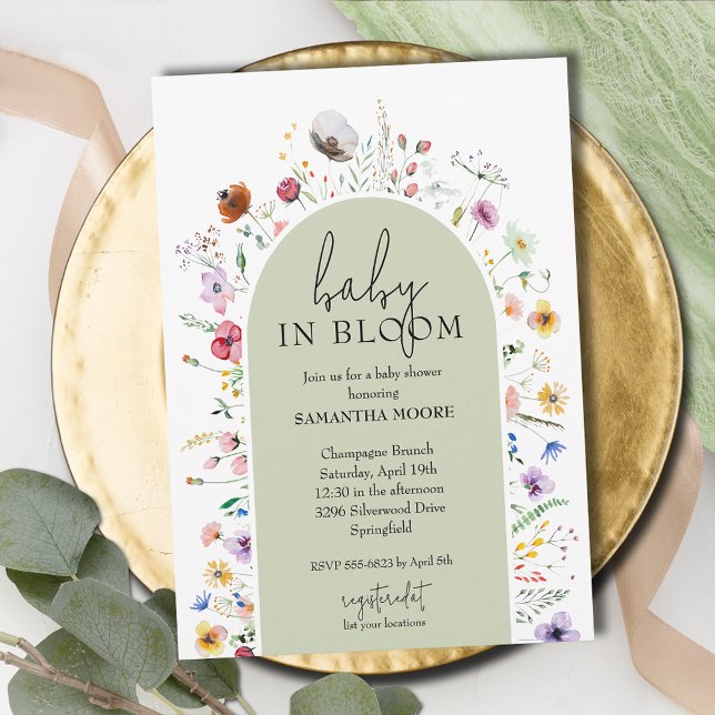 Chic Baby i Bloom Sage Baby Shower Inbjudningar (Baby in Bloom green baby shower invitations, INSTANT DOWNLOAD and/or PRINTED)