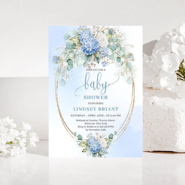 Chic Baby Shower Invitation Blue Hydrangeas Gold Inbjudningar (Chic Baby Shower Invitation Blue Hydrangeas Gold)