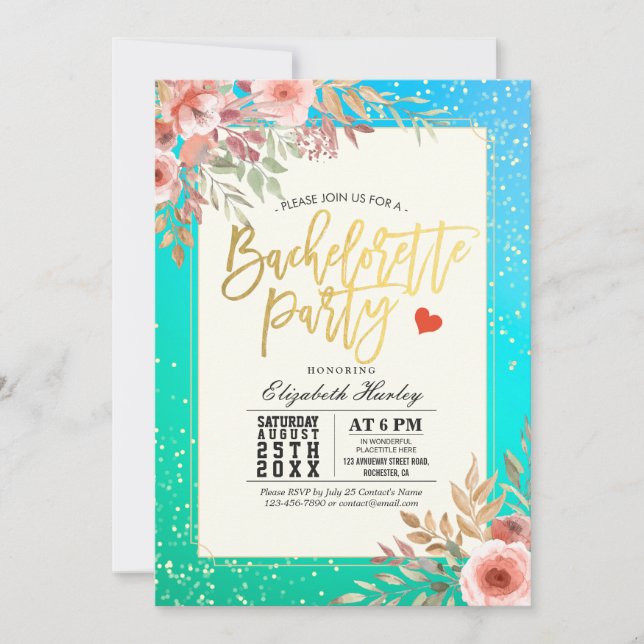 Chic Bachelorette Party Rosa Blommigt Teal Guld Do Inbjudningar (Framsida)
