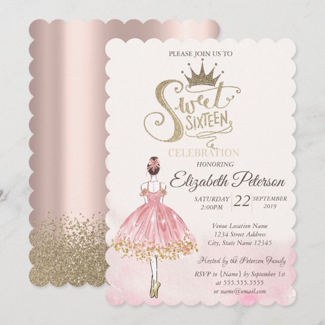 Chic Ballerina,Tiara, Diamonds Ro Guld Sweet 16 Inbjudningar (Fram/baksida)