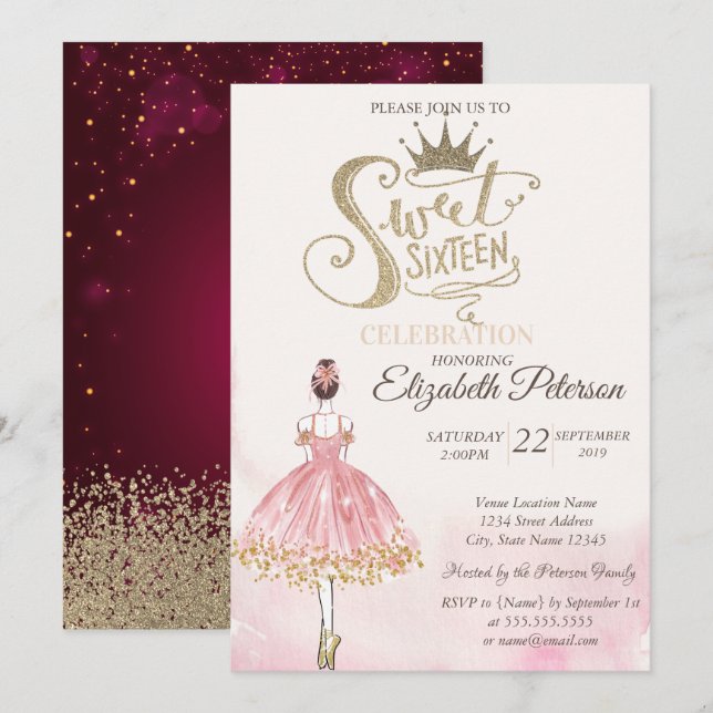 Chic Ballerina,Tiara, Diamonds Sweet 16 Inbjudningar (Fram/baksida)