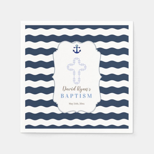 Chic Baptism Nautical Navy Vågar Anchor Pappersservett (Framsidan)
