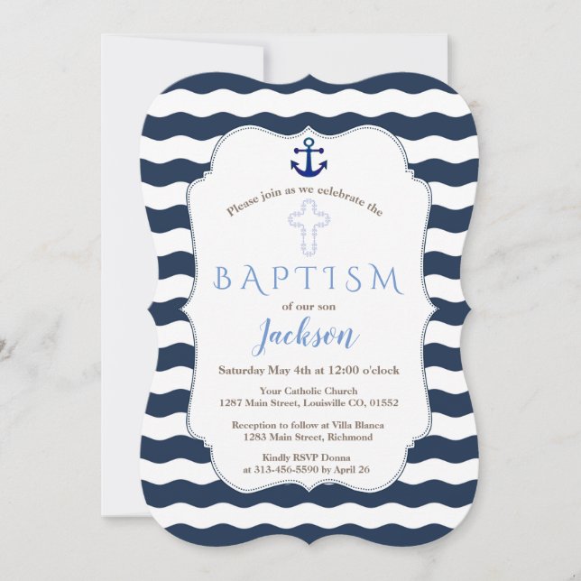 Chic Baptism Nautisk flotta Vinkara Anchor Inbjuda Inbjudningar (Framsida)