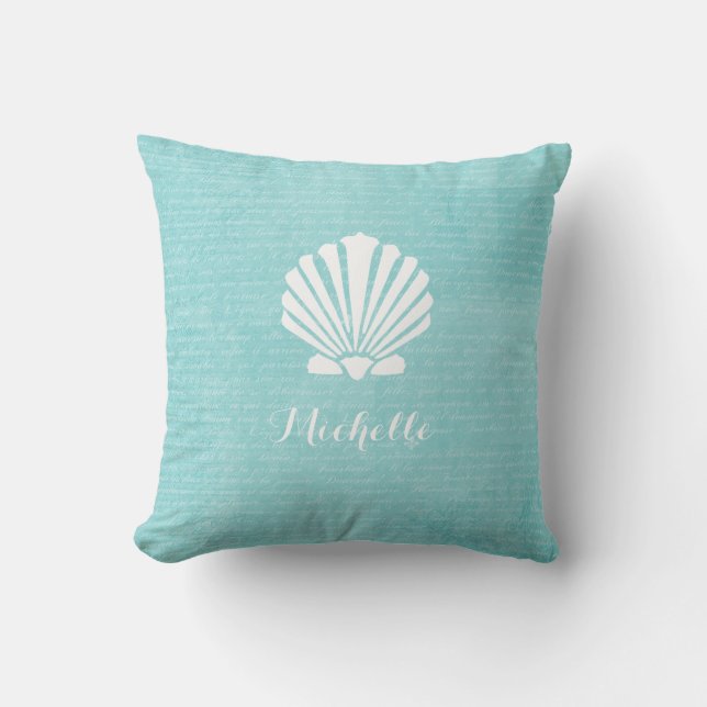 Chic Beach Girly Aqua Scallop-Snäcka med Namn Kudde (Framsida)