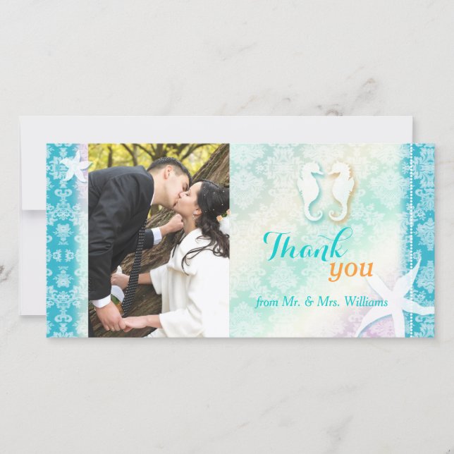 Chic Beach Seahorse Bröllop Photo Tackto You Card Tack Kort (Framsida)