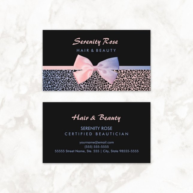Chic Beautician Rosa Blue Leopard Print with Bow Visitkort (Chic Beautician Pink Blue Leopard Print With Bow Business Cards)
