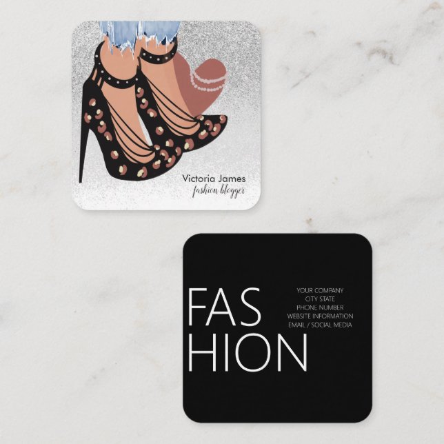 Chic Beauty Fashionista Bloggare Planner Glitter Fyrkantigt Visitkort (Fram/baksida)