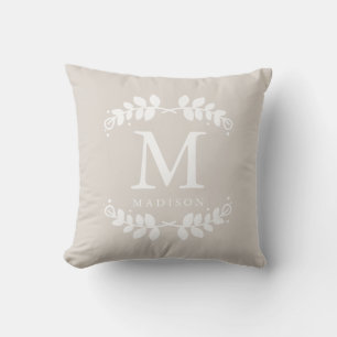 Chic Beige Blommigt Ram Monogram Kudde