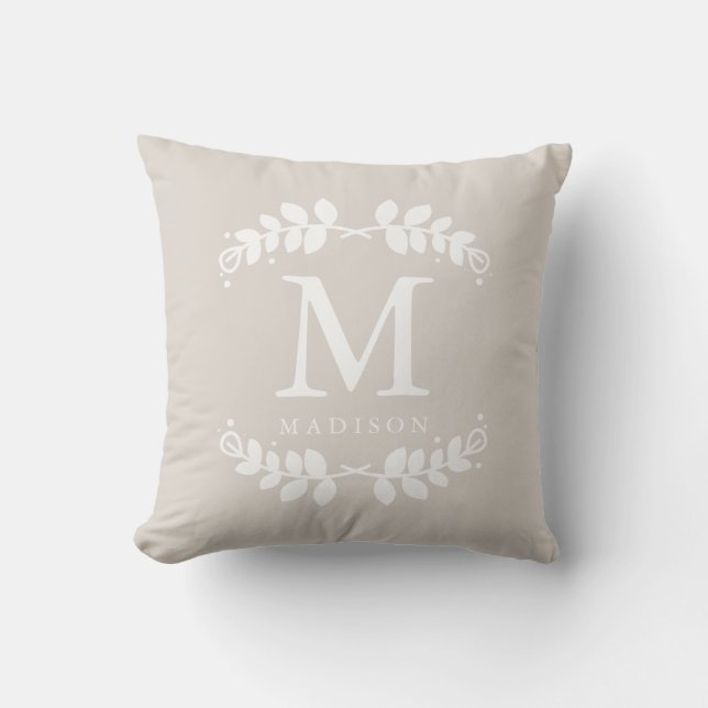 Chic Beige Blommigt Ram Monogram Kudde (Framsida)