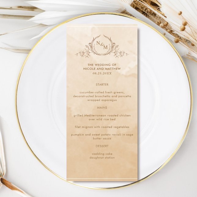 Chic Beige Cream Watercolor, Monogram Bröllop Menu Meny (Skapare uppladdad)