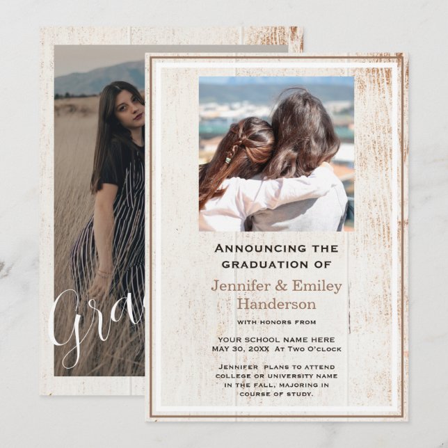 Chic Beige photo double graduation Announcement Inbjudningar (Fram/baksida)