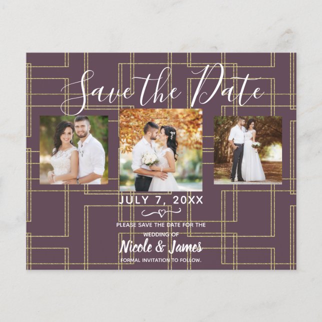 Chic Berry Mauve & Guld Geometrisk Glam Save Date  (Framsida)