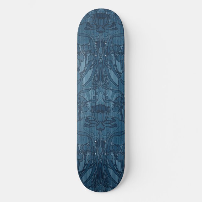 Chic Blå Art Nouveau Iris Botaniskt Mönster Mini Skateboard Bräda 18,5 Cm (Framsida)