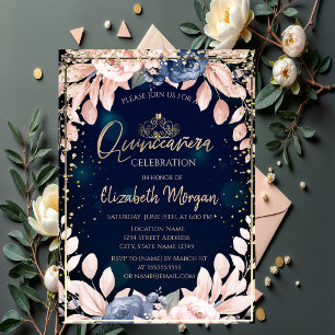 Chic blå blommor guldtiara, diamanter Quinceañera Inbjudningar