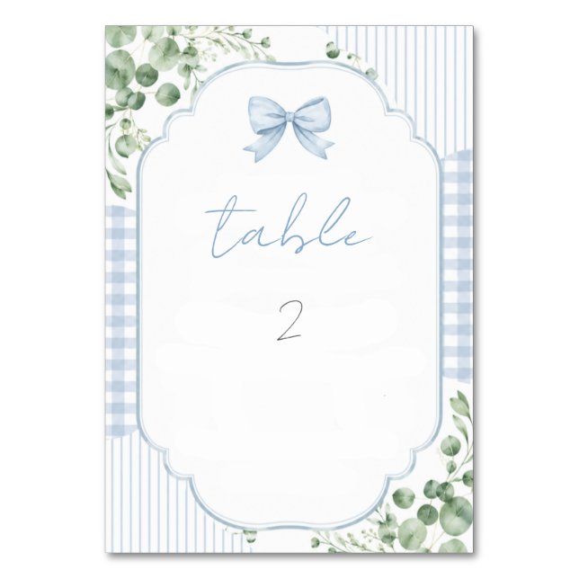 Chic Blå Gingham Slöja Blommig Baby Shower Bordsnummer (Framsidan)