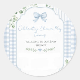 Chic Blå Gingham Slöja Blommig Baby Shower Runt Klistermärke