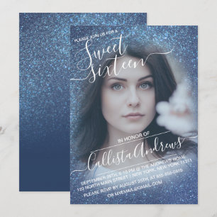 Chic Blå Glitter Ombre Fotosötare 16 Inbjudningar
