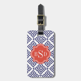 Chic blå greek nyckel geometric mönster monogram bagagebricka