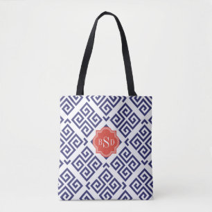 Chic blå greek nyckel geometric mönster monogram tygkasse