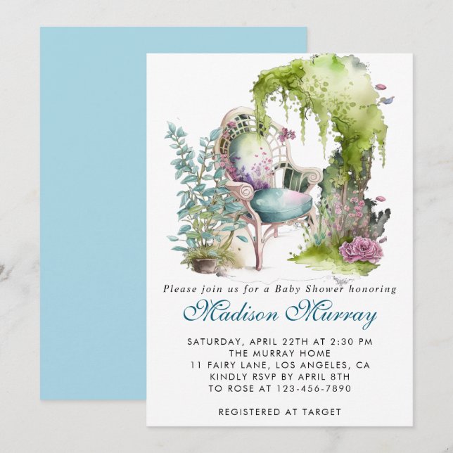 Chic Blå & Grön Blommig Trädgårdsstol Baby Shower Inbjudningar (Fram/baksida)